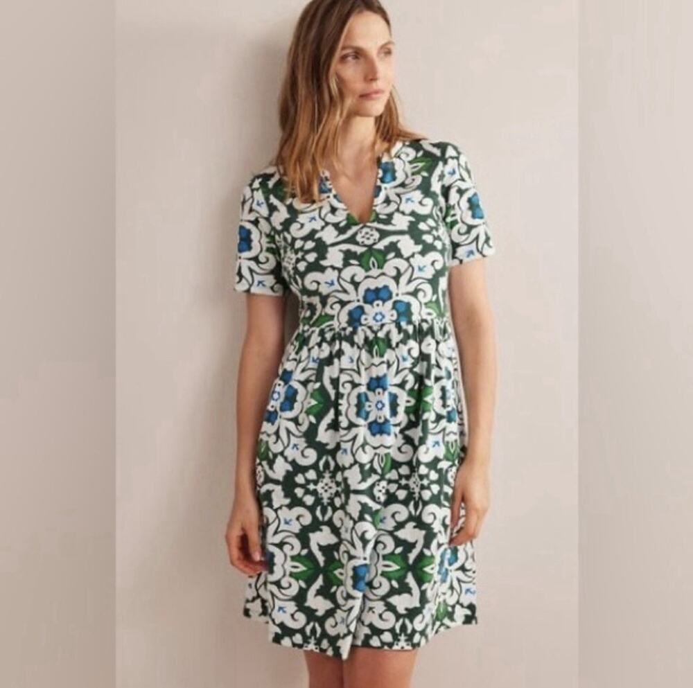 Boden Easy Notch Neck Cotton Jersey Pocket Mini Dress Size 2 Green Floral W19